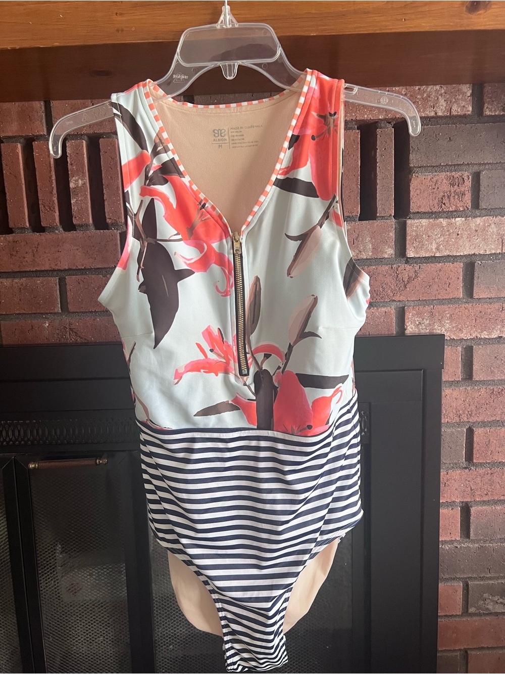 Floral Zip-Front One-Piece Swimsuit - Coral & Navy